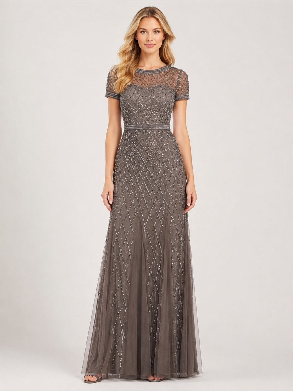 Adrianna Papell Beaded Sequin Mesh Evening Gown Taupe Gray Maxi 6 6068